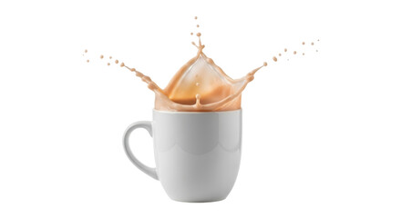 Isolated Dramatic Coffee Splash in White Mug with Flying Drops