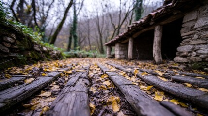 Autumn Leaves Path to Rustic Cabin - A wooden path strewn with autumn leaves leads to a rustic stone cabin nestled in a tranquil forest. Symbolizing tranquility, autumn, nature, rustic charm