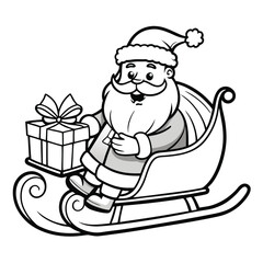 Festive cartoon santa claus in sleigh carrying christmas present gift in black and white