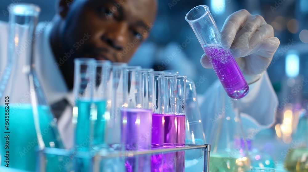 Poster scientist conducts experiments with colorful liquids in laboratory during evening hours