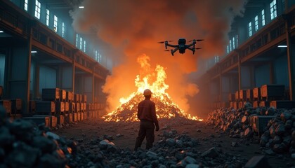 Worker and Drone Near Large Fire Inside Industrial Building