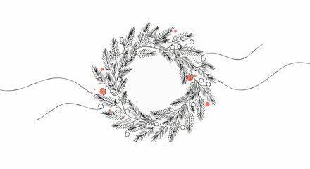 A simple Christmas wreath illustration with red berries and delicate lines
