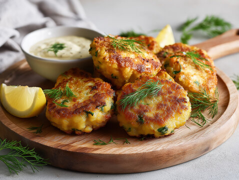 realistic food photography of delicious golden potato patties, served on a wooden plate, garnished with fresh herbs, accompanied by a side of tangy dipping sauce, rustic setting with soft natural ligh