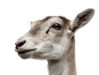 Close-up of a young goat's head against a white background. Its soft fur and gentle expression create a heartwarming image.