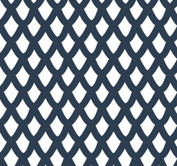 Seamless vector pattern reminiscent of fish or mermaid scales in rich navy blue on white. Clean, geometric and ocean-inspired. For textile, packaging, wallpaper and nautical design. Hand-drawn