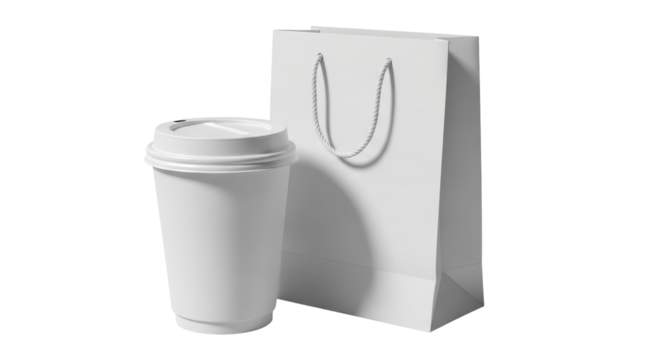 Isolated White Coffee Cup and Shopping Bag Mockup