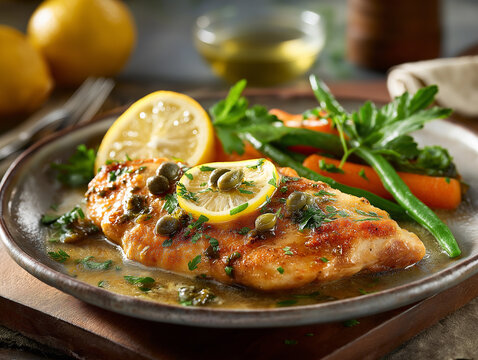 realistic food photography of chicken piccata, tender chicken fillet, perfectly seared, tossed in a refreshing lemon caper sauce, garnished with fresh parsley and lemon slices, served on a rustic plat