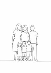 A line art illustration depicting a family of five standing together