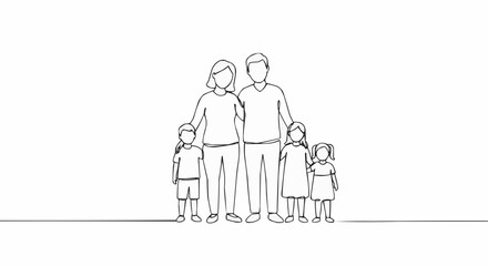 A line art illustration of a family, conveying warmth and togetherness. The artwork depicts a mother, father, and three children standing together.