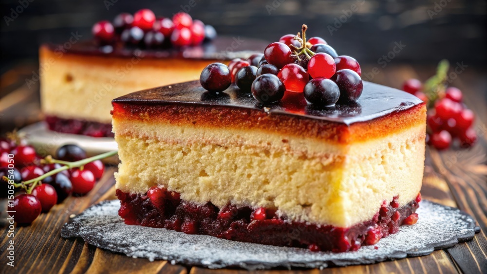 Poster a slice of berry cheesecake with a glossy chocolate topping, topped with fresh fruit and dusted with