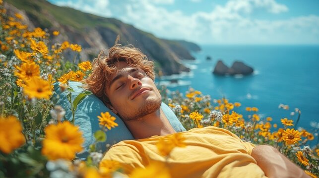 Man relaxing in coastal wildflowers, ocean view