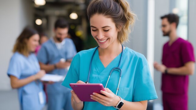 Healthcare professionals collaborate in a modern hospital setting while using technology for patient care coordination