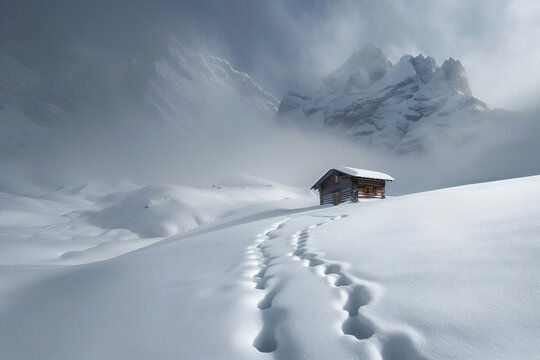 a cabin in the snow with a mountain in the background