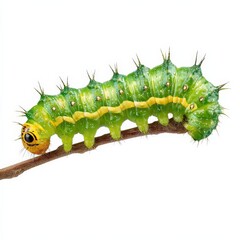 Vibrant green caterpillar crawling on a twig, a close-up showcasing its intricate details.