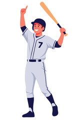 Cheerful Baseball Player Celebrating Victory with Bat in Dynamic Clipart Style Illustration