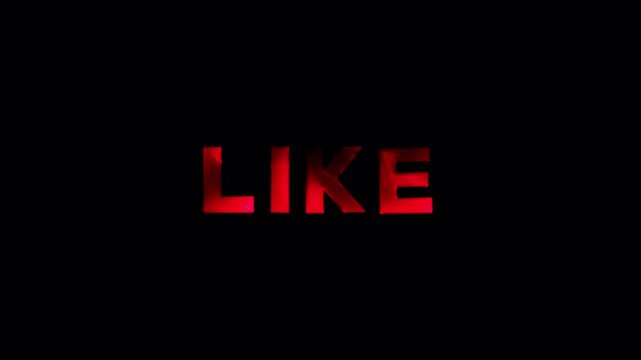 Like - Glowing translucent red neon call-to-action title fade in/out on alpha. Perfect drag-and-drop overlay for vlogs, streams, shorts, reels, intros. 
