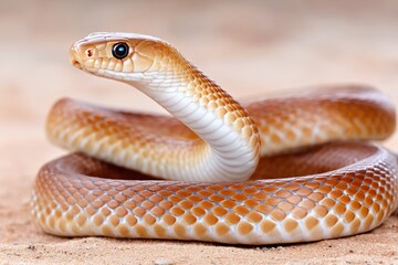 Obraz premium Coiled Desert Snake on Sandy Ground - A desert snake coils on sandy ground, symbolizing resilience, adaptation, danger, beauty, and the desert ecosystem