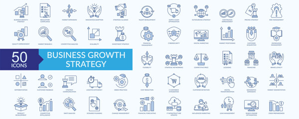 Business growth strategy icon collection set with talent development, innovation adoption, continuous improvement, market research, digital marketing
