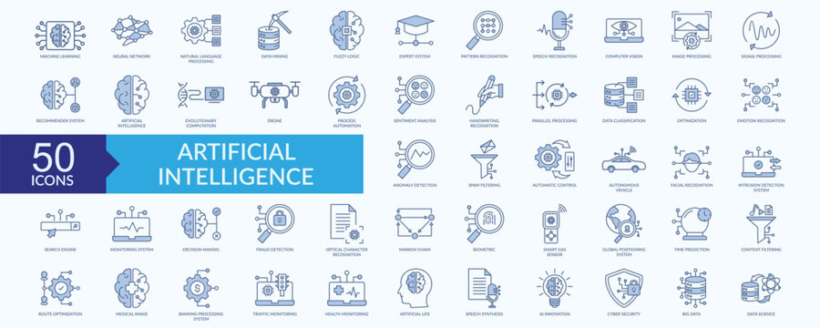 Artificial intelligence icon collection set with machine learning, neural network, speech recognition, image processing, spam filtering
