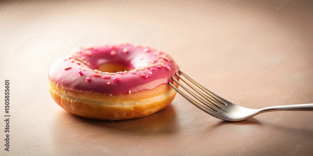 Poster A pink frosted donut with sprinkles sits on a table with a fork beside it, ready to be enjoyed.