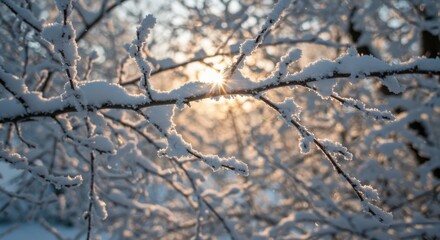 Snow covered branches with sunlight shining through creating a beautiful winter scene in nature, highlighting the cold and icy details of the season.