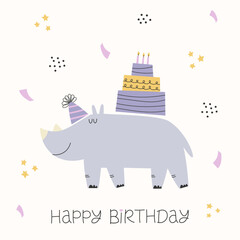 Naklejka premium Happy Birthday greeting card with funny rhino, birthday cake and colorful confetti. Hand drawn birthday card or poster template design.