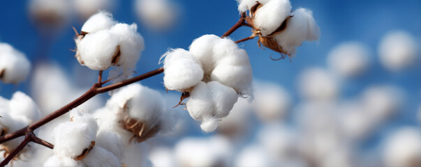 Cotton plant with white fluffy cotton bolls against clear blue sky, showing natural texture and agricultural beauty