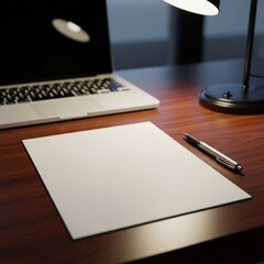 Blank paper sheet with pen on wooden desk next to laptop and lamp