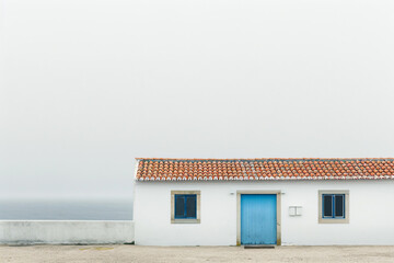 a small white building with a blue door