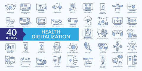 Health digitalization icon collection set with electronic health record, electronic prescription, digital therapeutic, online consultation, virtual reality 
