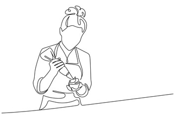 Woman decorating cupcake using piping bag line drawing. Hand-drawn female baker wearing baking apron line art. Hand drawn vector illustration with editable stroke. Isolated on transparent background.