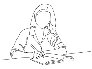 Woman writing book, notes or journal line drawing. Hand-drawn writer line art. Hand drawn vector illustration with editable stroke. Isolated on transparent background.