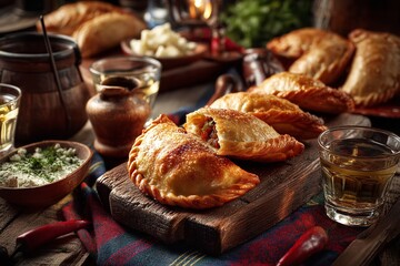 Celebrate Chile's Fiestas Patrias with wine, traditional empanadas, and rustic wooden party decorations.&nbsp; Generative Ai