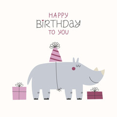 Greeting Birthday card with with wild cute rhinoceros in festive hat. Happy Birthday card or poster template design.