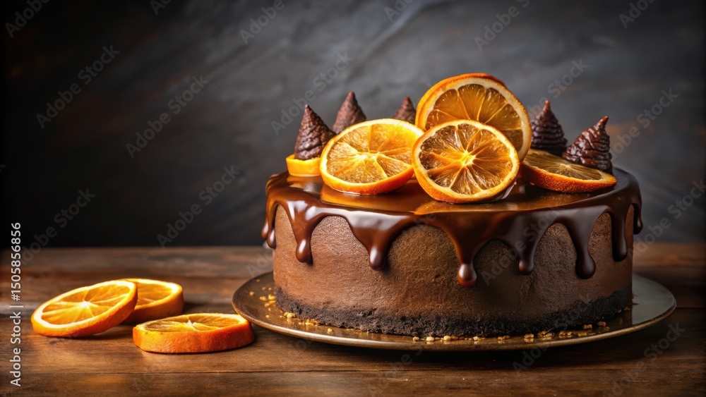 Poster a decadent chocolate cake drizzled with ganache and topped with slices of orange for a festive desse