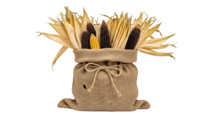 Isolated Corn Stalks in Burlap Bag Autumn Harvest Display
