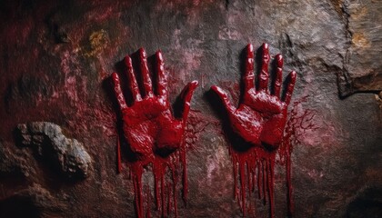  bloody red handprints on rugged stone wall with dripping paint texture for horror web design, halloween branding, or thriller poster background