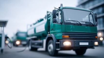 Green Electric Truck Charging Close Up - Sustainable transportation, eco-friendly energy, electric vehicle charging, clean technology, future of logistics