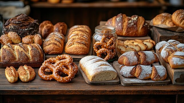 Freshly baked bread and pretzels assortment