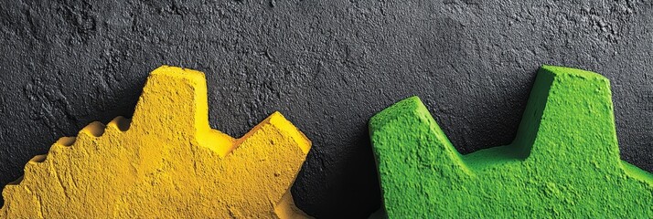 Interlocking Gears: Teamwork and Synergy - Two painted gears, yellow and green, mesh together against a dark gray background, symbolizing collaboration and effective teamwork