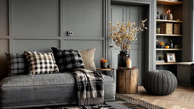 Cozy fall living room with gray couch and plaid throws