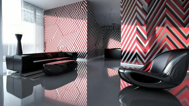 Modern interior featuring bold chevron red patterns with sleek black furniture