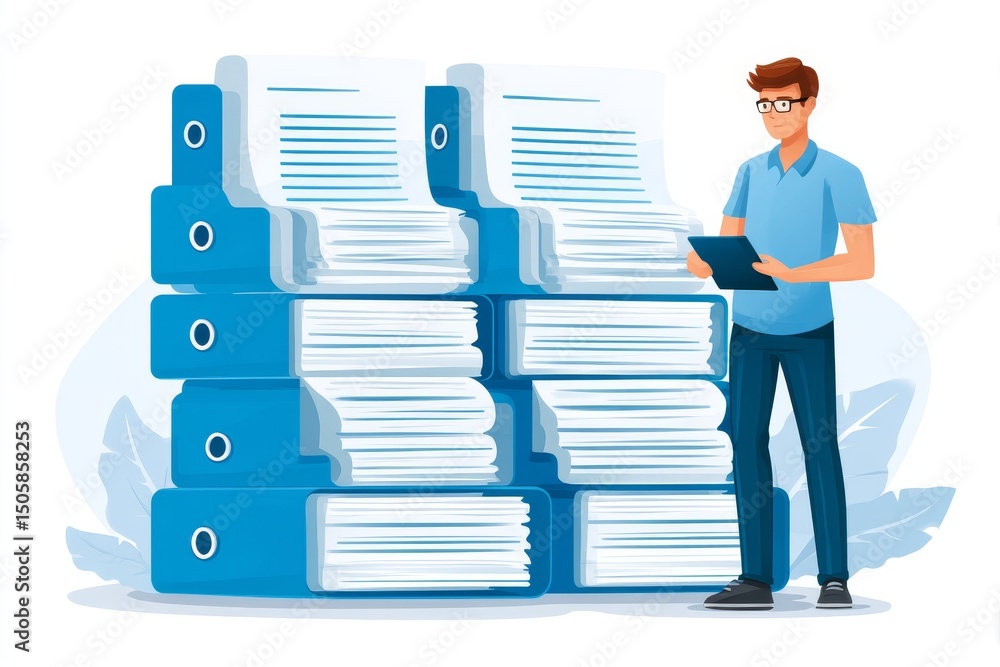 Poster man reviewing stack of documents - a man stands reviewing documents in blue binders. he holds a clip