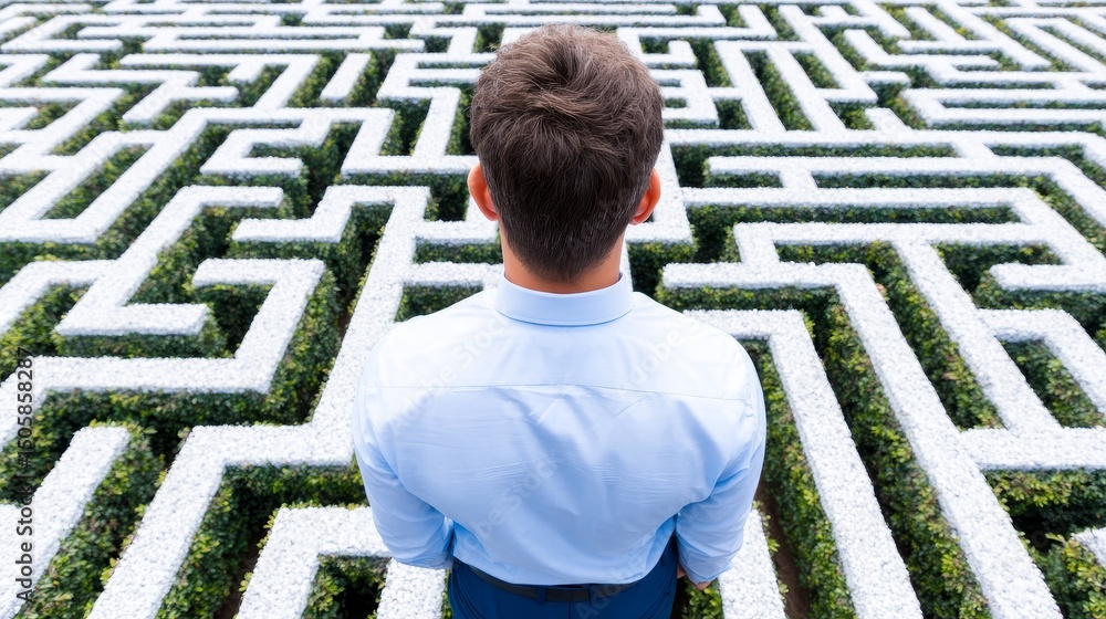 Poster man facing complex maze challenge - a businessman stands before a large, intricate hedge maze, symbo