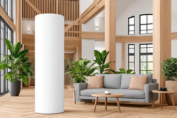 Modern Lobby Blank Retractable Banner Display - Sleek, minimalist retractable banner in a modern lobby setting. Symbolizing: contemporary design, clean aesthetics, effective marketing