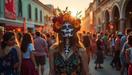 Woman Face Paint Flower Crown at Sunset Crowd