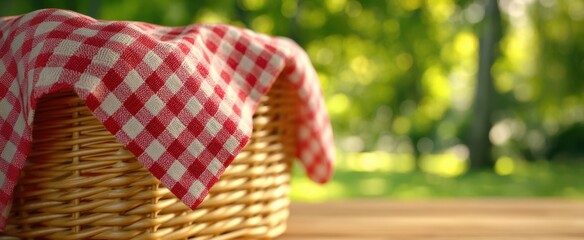 Fototapeta premium The inviting picnic basket adorned with a cheerful checkered cloth in nature.