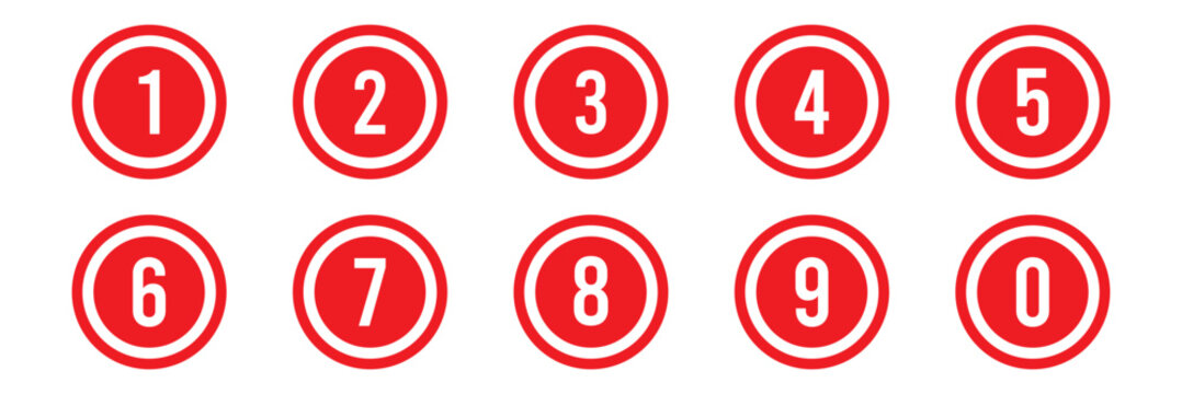 simple red color bullet points number set from one to nine simple flat style a number of numbers that are in a circle a number on a white background with red circle and 1 to 9 and 0 in red circle. 
