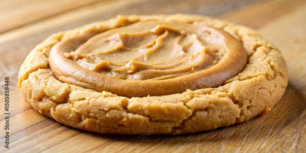 Aufkleber A single peanut butter cookie with a generous dollop of peanut butter frosting resting on a wooden cutting board