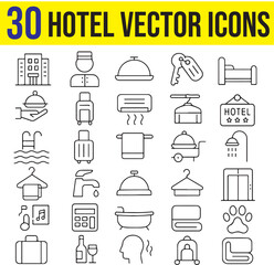 Hotel icons set with editable stroke, Pixel Perfect, hotel booking, parking, rental, travel, breakfast, simple vector illustration, service, bed, taxi, reception, support, swimming, bath, five star